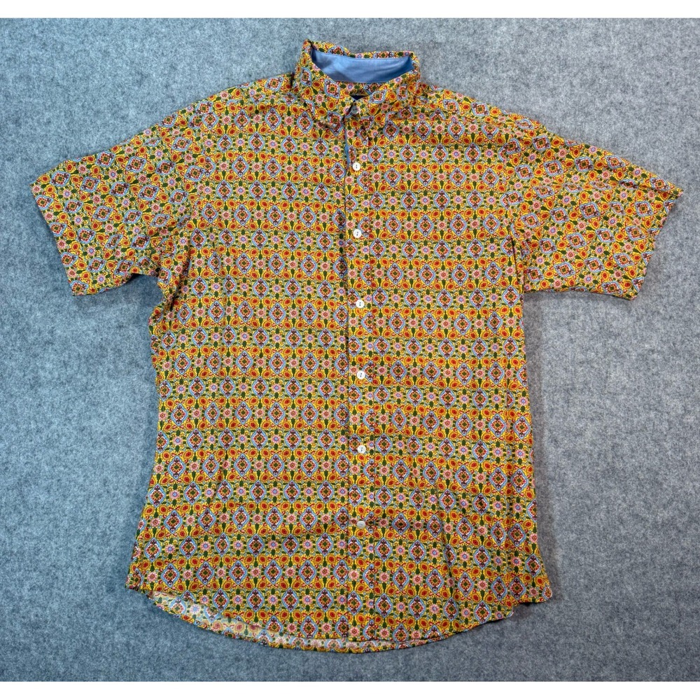 Cremieux Premium Denim Mens M Yellow Floral Paisley Short Sleeve Button Down - Picture 2 of 6